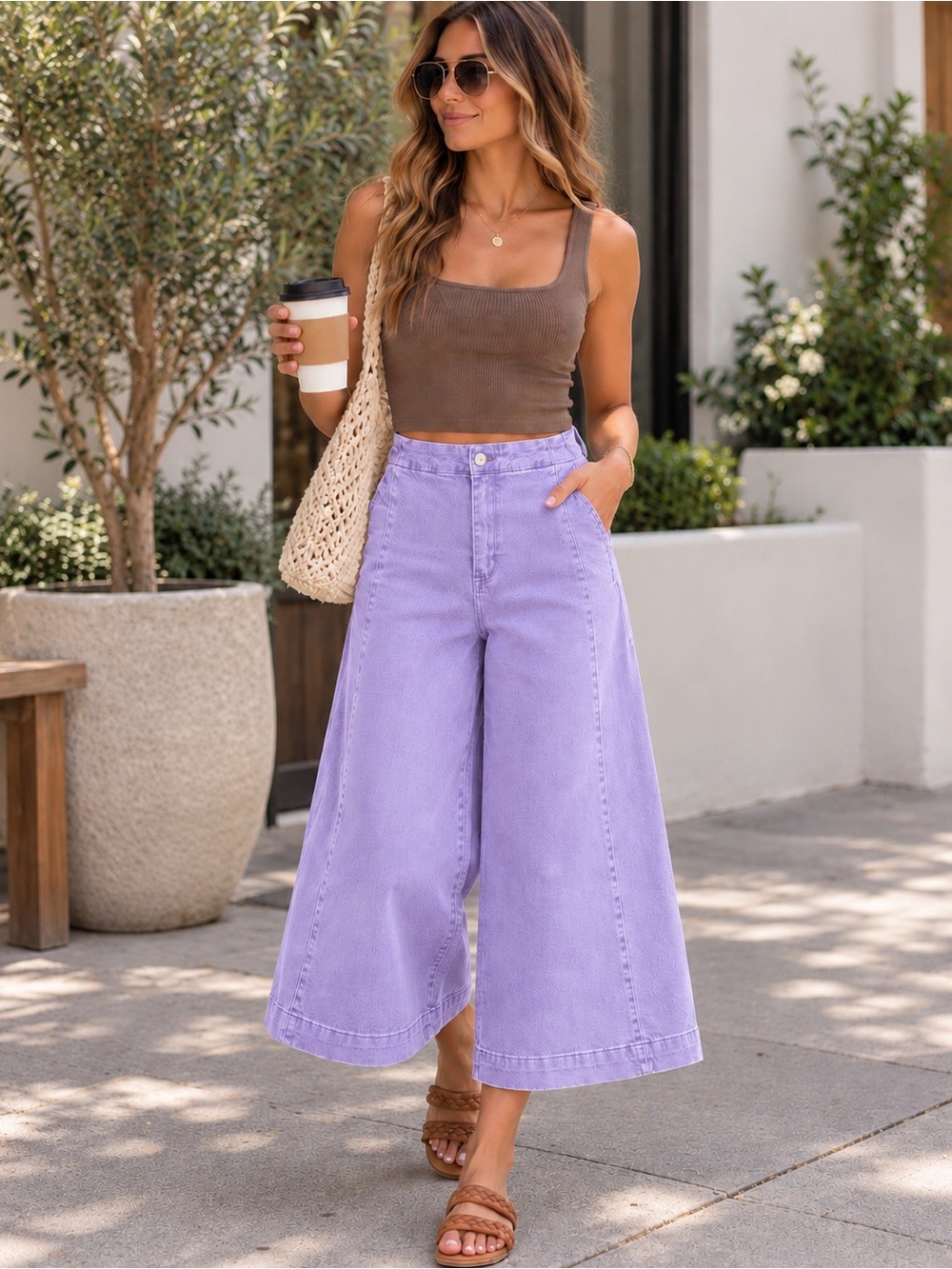 New Zenana High Rise Cropped Gaucho Denim Lavender Wide-Leg Jeans S/M/L